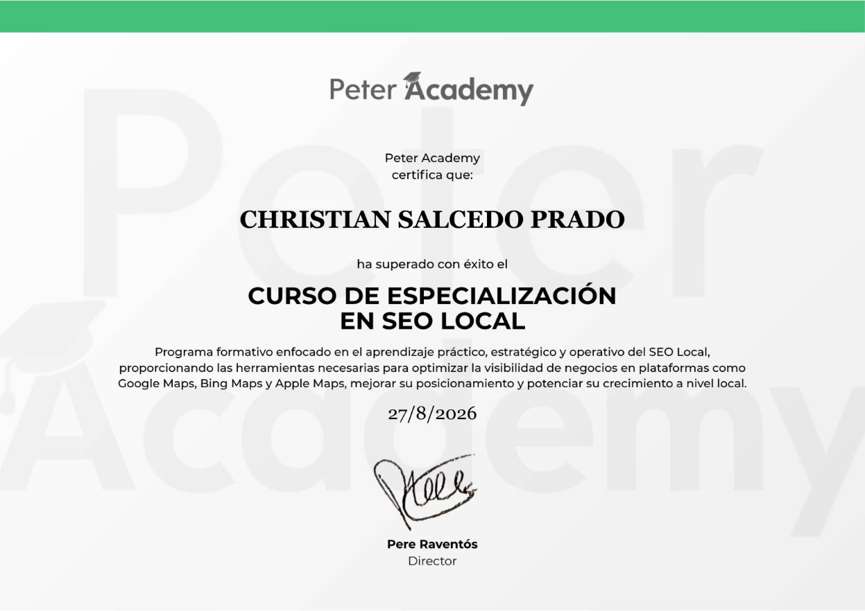 Certificado de especialización en SEO Local — Peter Academy